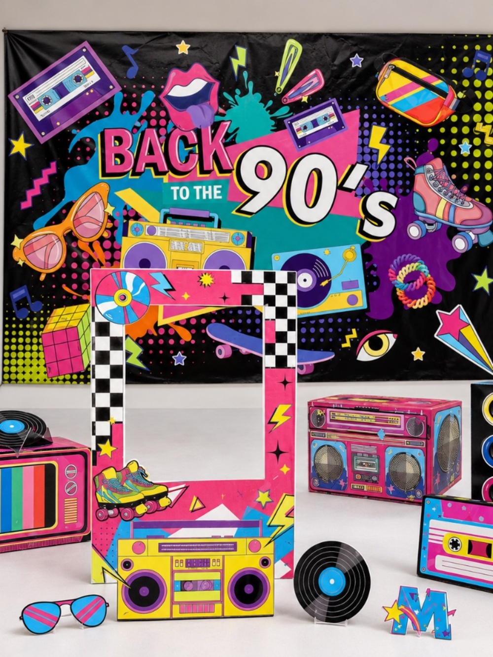 80s 90s Party Decorations 9pc Photo Booth Props + 7x5ft Backdrop New